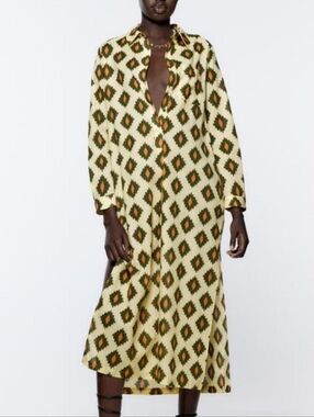 Zara Cream Maxi Dress with Green and Orange Diamond Ikat Print